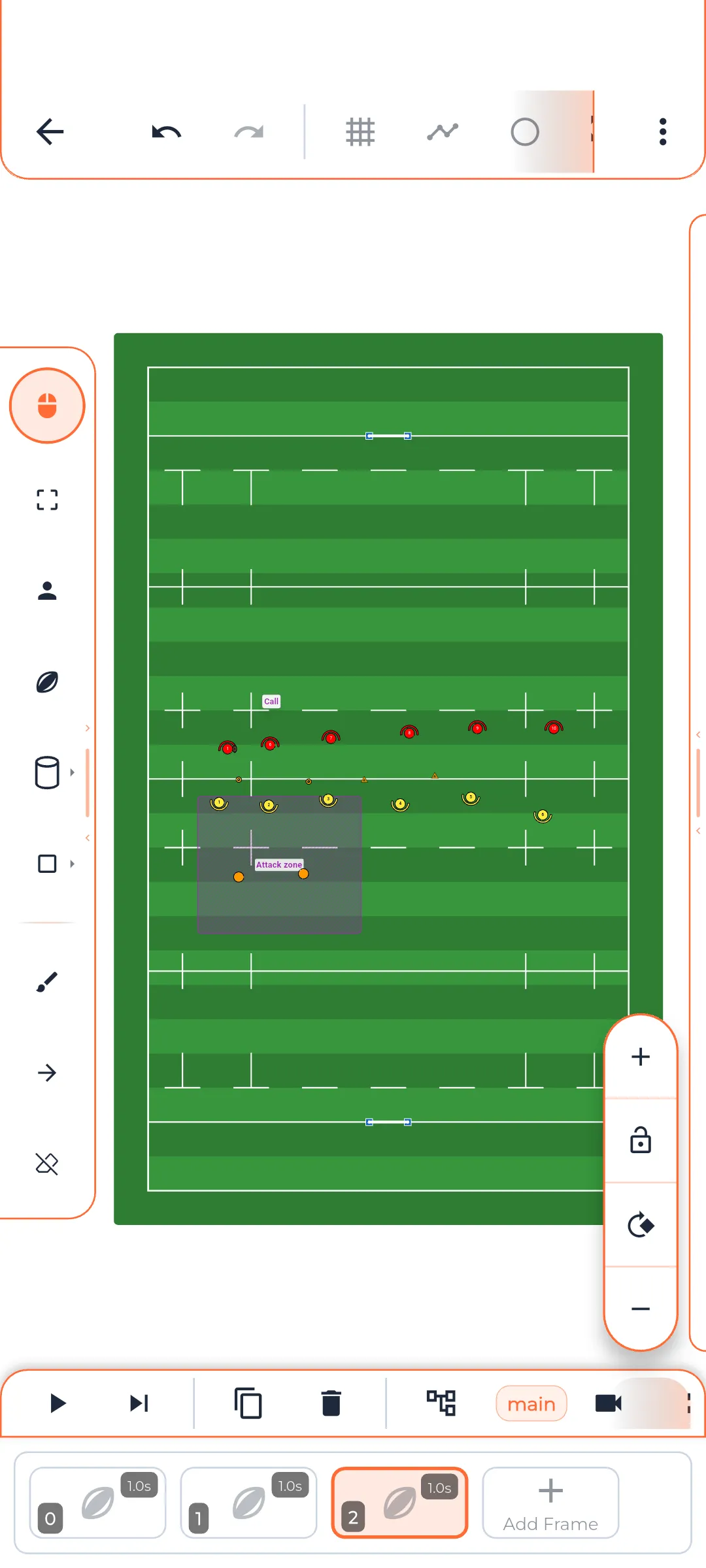 Strat·It strategy editor showing a rugby field with player formations and animation timeline