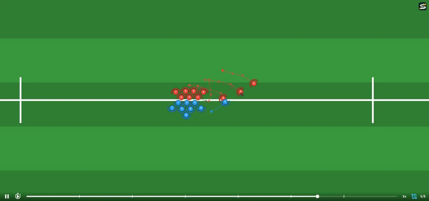A rugby scrum play, mid-animation in the Strat·It player
